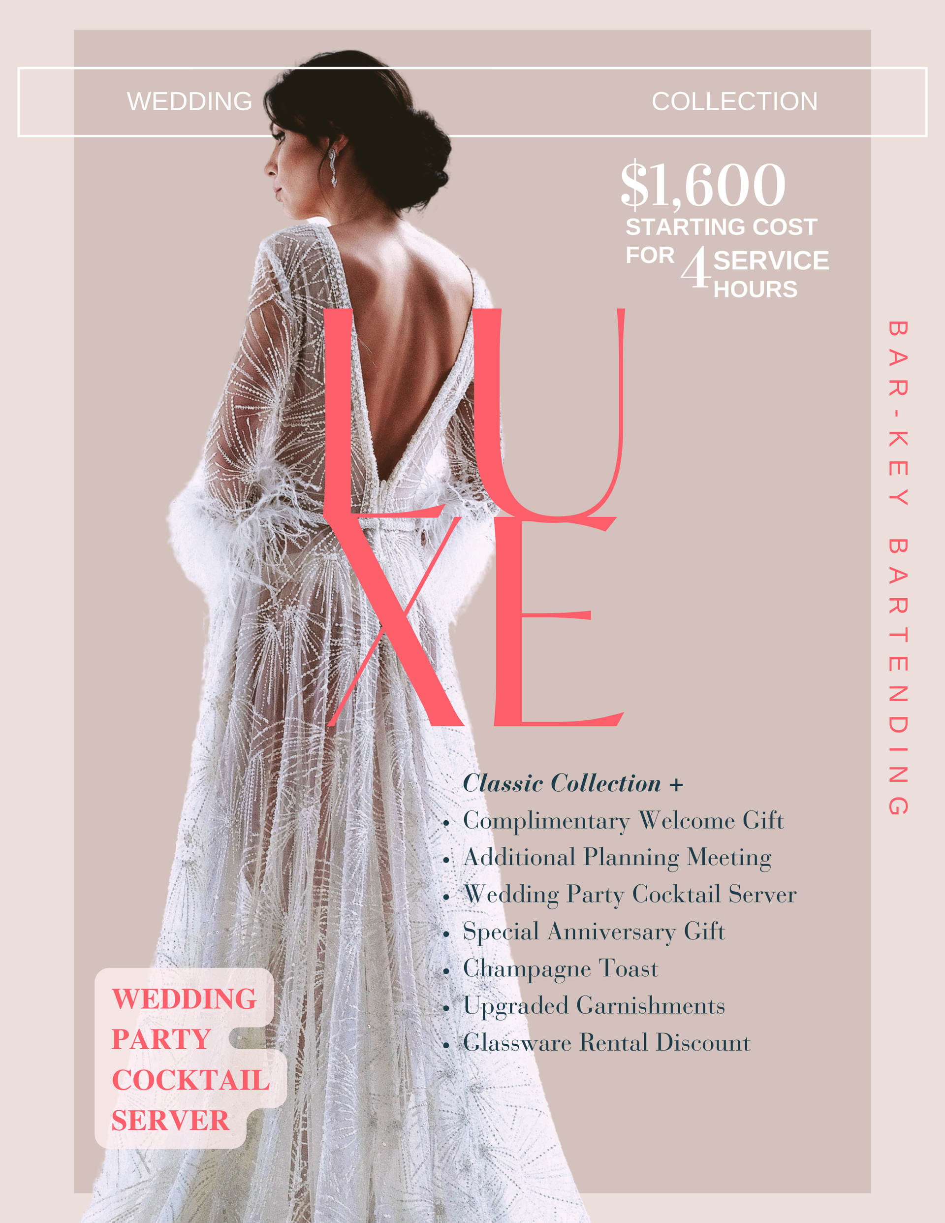 Luxe wedding bar with cocktail server and custom menu