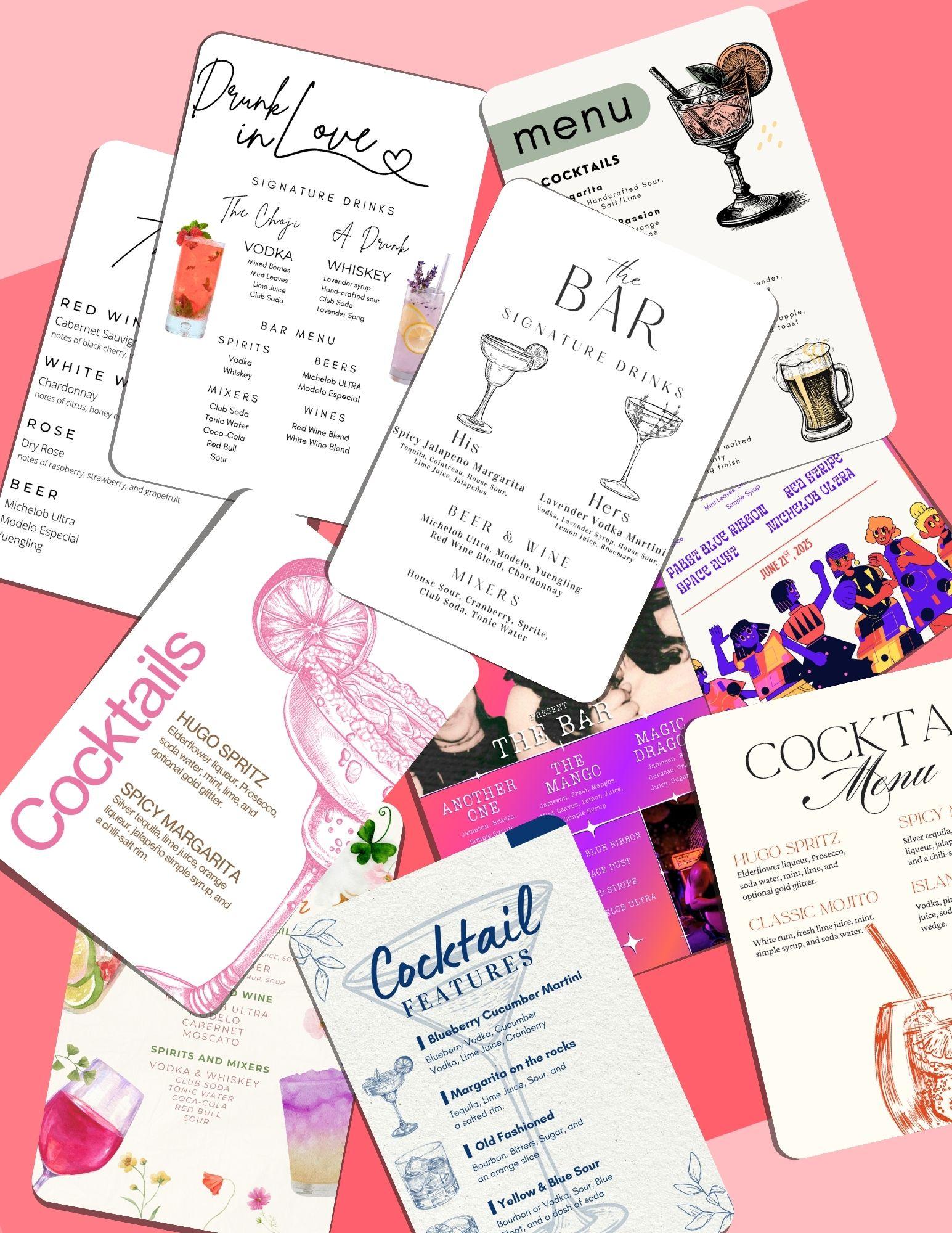 Custom-designed wedding drink menu on elegant display